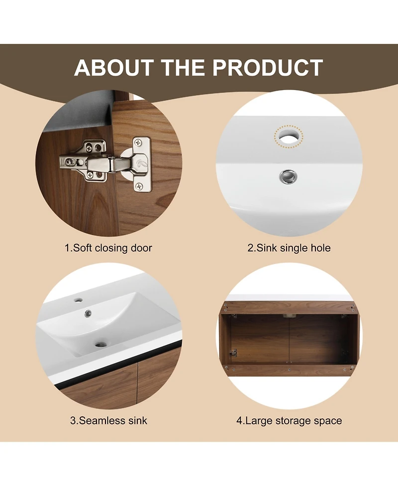 Streamdale Furniture 36" Brown Bathroom Vanity with Resin Sink and Cabinet