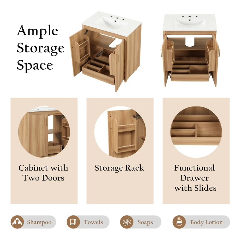 Streamdale 30" Bathroom Vanity with Sink, Cabinet, Drawer, Mdf Board, Natural