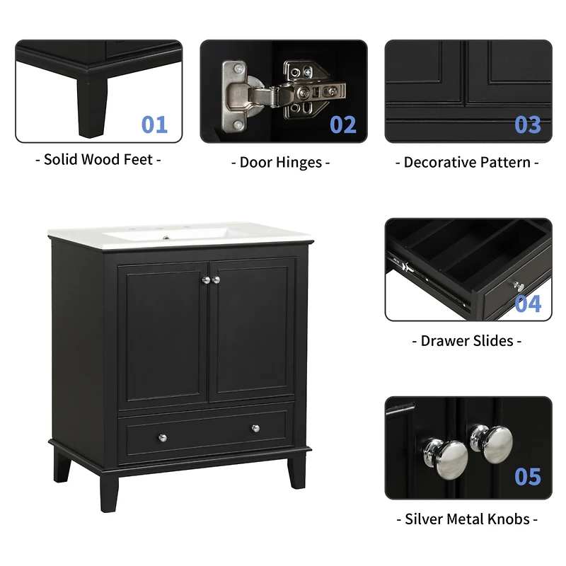 Streamdale 30" Vanity with Sink, Solid Wood & Mdf Cabinet, Doors & Drawer