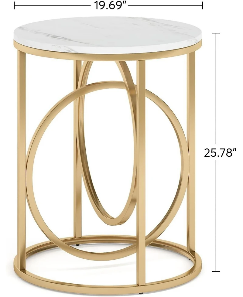 Tribesigns Modern Round End Table with Faux Marble White Top, 20”Sofa Side Table Coffee Table Cocktail Table with Unique Gold O-Shaped Base, Mi