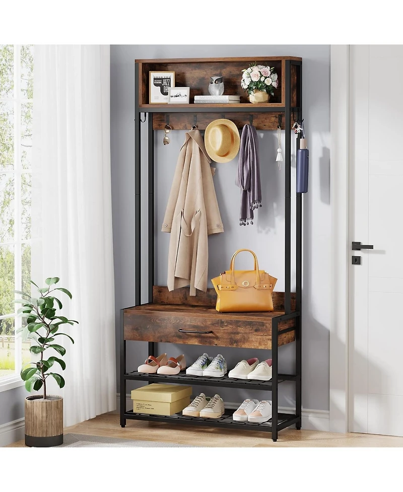 Tribesigns 3-in-1 Entryway Hall Tree with Drawer, Vintage Industrial Coat Rack with Shoe Bench and Hutch, Mudroom Bench with Shoe Storage rack and 9 H