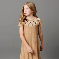Hope & Henry Big Girls Short Sleeve Fair Isle Cable Sweater Dress