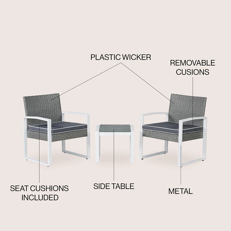 Jonathan Y Selby 3-Piece Modern Coastal Faux Wicker Conversation Outdoor Patio Set, White/Black/Brown