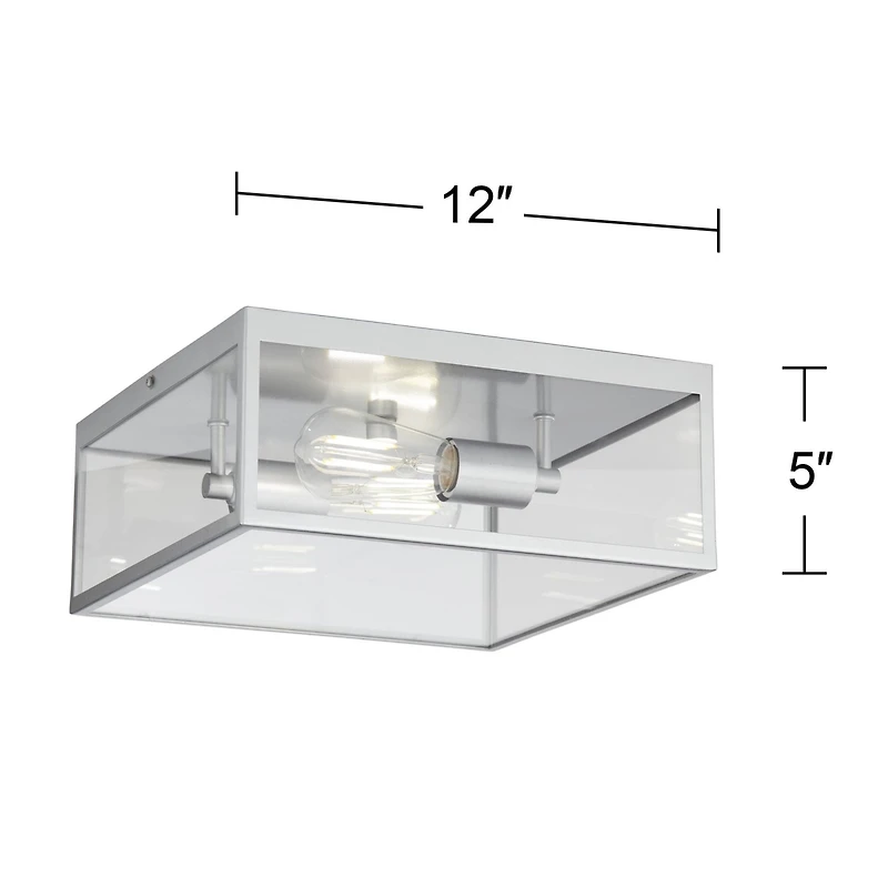 John Timberland Union Modern Farmhouse Indoor-Outdoor Flush-Mount Ceiling Light Fixture 12" Matte Silver Nickel Clear Glass Panels Square Exterior Hou