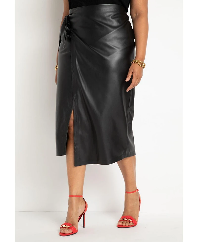 Eloquii Women's Wrap Front Faux Leather Midi Skirt