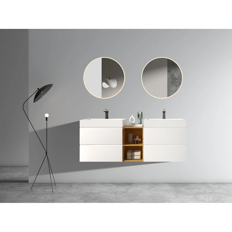Oak Open Shelves Cabinet: Double Storage, Natural Finish, Wall Mount