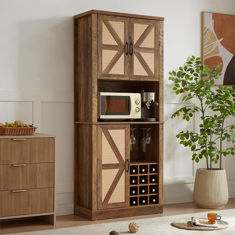 Streamdale Farmhouse Oak Cabinet with Faux Rattan & Wine Storage