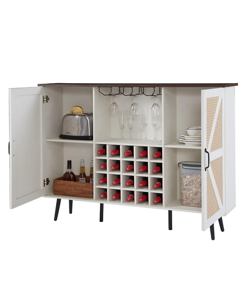 Simplie Fun White Faux Rattan Wine Cabinet with Wine Rack & Glass Holder