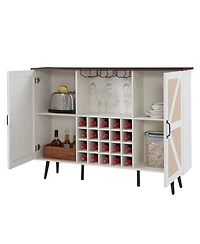 Simplie Fun White Faux Rattan Wine Cabinet with Wine Rack & Glass Holder
