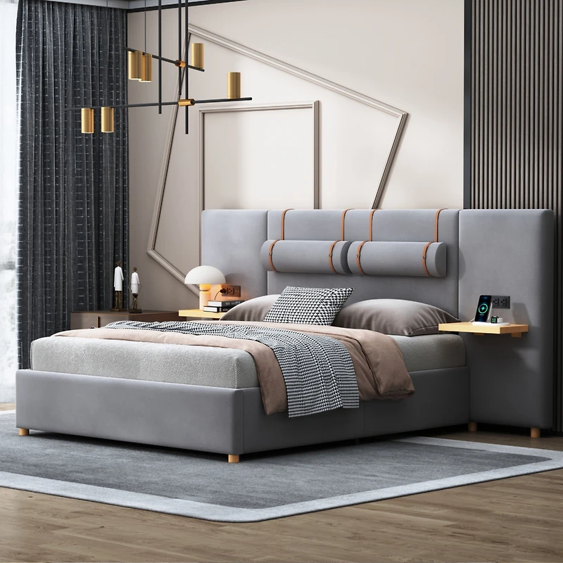 Streamdale Queen Bed with Outlets, Pillows, Shelves, Velvet