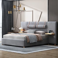 Streamdale Queen Bed with Outlets, Pillows, Shelves, Velvet