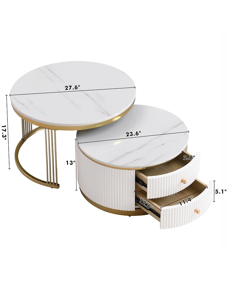 Streamdale Modern 2-Piece White Round Nesting Coffee Table with Drawers