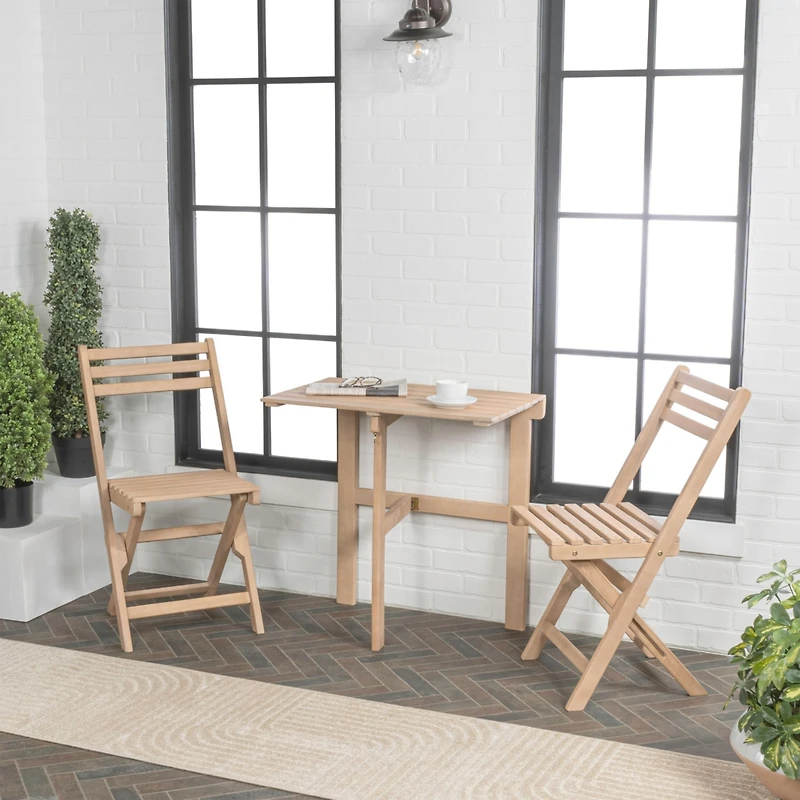 Jonathan Y Nerja Modern Traditional 3-Piece Acacia Wood Half-Rectangular Outdoor Folding Bistro Set, Light Teak