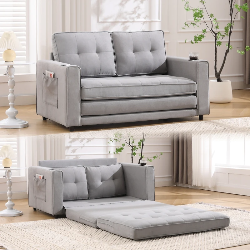 Streamdale 3-in-1 Tufted Futon Sofa Bed with Side Pockets and Cup Holders