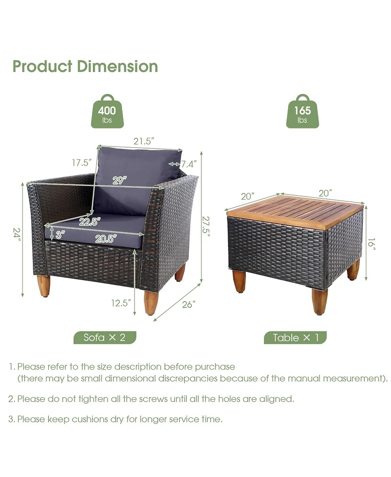 Slickblue 3 Pieces Patio Rattan Bistro Furniture Set with Wooden Table Top