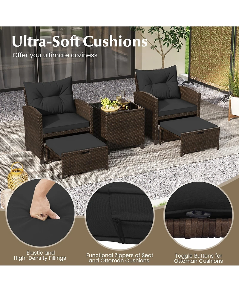 5 Pieces Patio Rattan Furniture with 2 Ottomans and Tempered Glass Coffee Table