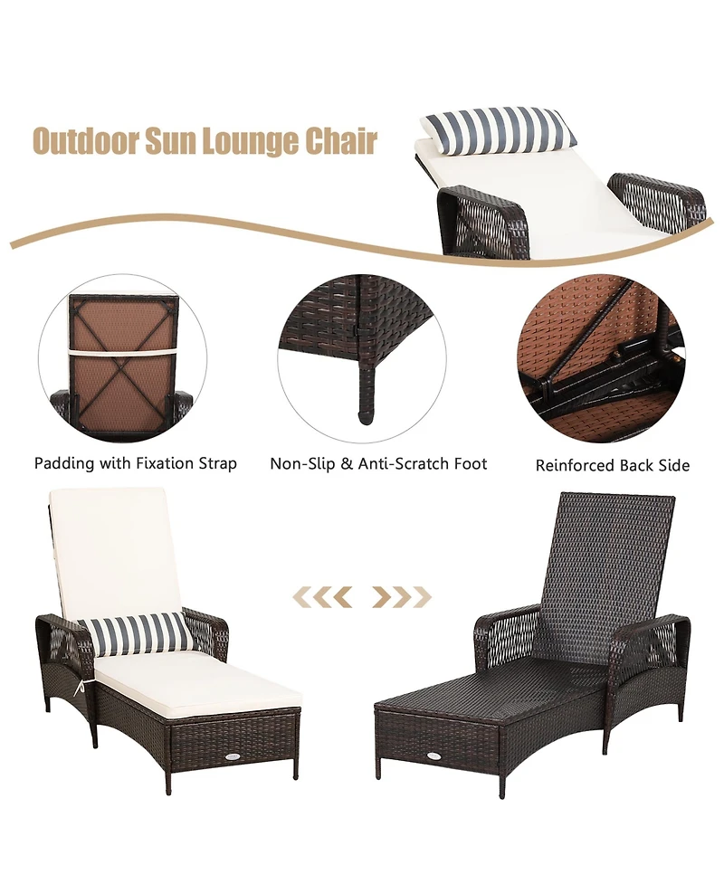 Gymax Rattan Patio Lounge Chair Chaise w/ Adjustable Backrest Cushion & Pillow
