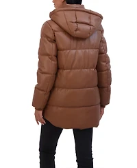 Sebby Collection Women's Faux Leather 3/4 Puffer Jacket With Hood