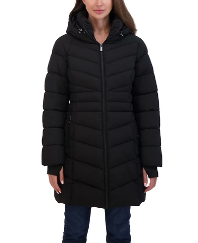 Sebby Collection Women's 3/4 Hooded Stretch Puffer Coat