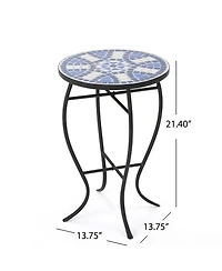 Streamdale Blue And White Ceramic Tile End Table With Matte Black Iron Frame
