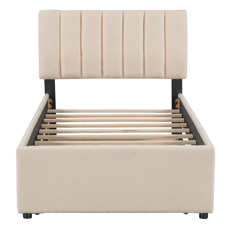 Streamdale Teddy Fleece Twin Platform Bed with Trundle, Led Lights, Beige