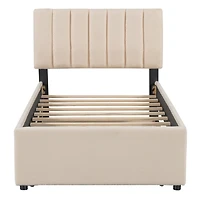 Streamdale Teddy Fleece Twin Platform Bed with Trundle, Led Lights, Beige