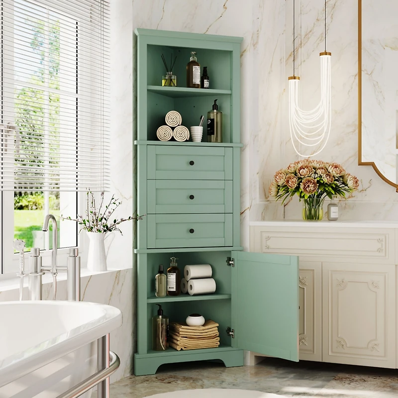 Streamdale Green Triangle Corner Cabinet with Adjustable Shelves & Drawers
