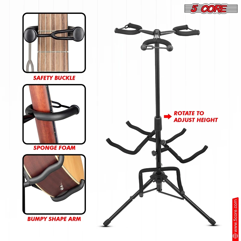 5 Core Triple Guitar Stand Floor Adjustable 30- 38.5 Inch Tripod Multi Guitars Holder Universal Folding Support for Acoustic Electric Bass Banjo Stand