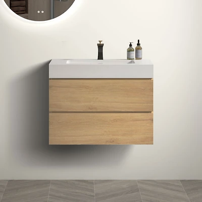 Streamdale 30" Wall-Mounted Vanity Natural Oak, Glossy White Basin