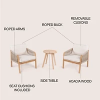 Jonathan Y Aveiro 3-Piece Modern Bohemian Roped Corner Acacia Wood Conversation Outdoor Patio Set with Cushions