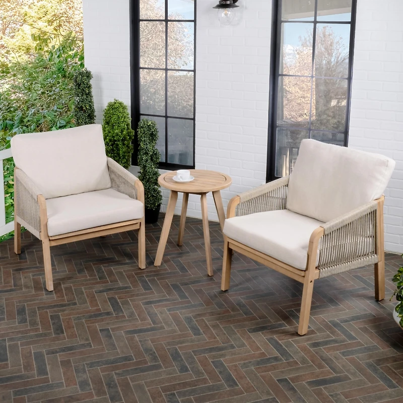 Jonathan Y Aveiro 3-Piece Modern Bohemian Roped Corner Acacia Wood Conversation Outdoor Patio Set with Cushions