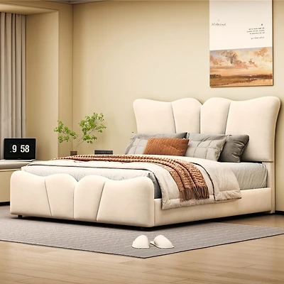 Streamdale Beige Velvet Upholstered Platform Bed