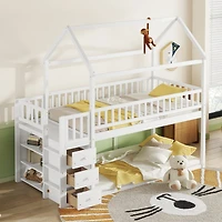 Simplie Fun Twin House Bunk Bed with Shelves, Drawers, and Playful Roof Design