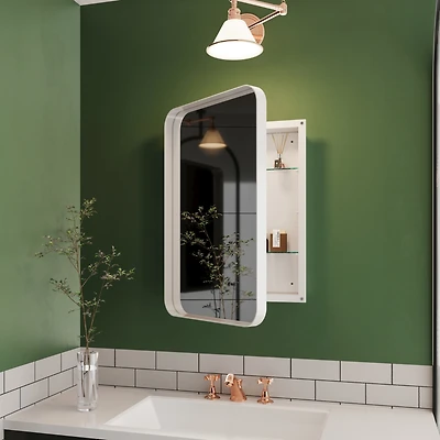 Recessed White Metal Medicine Cabinet with Mirror and Shelves