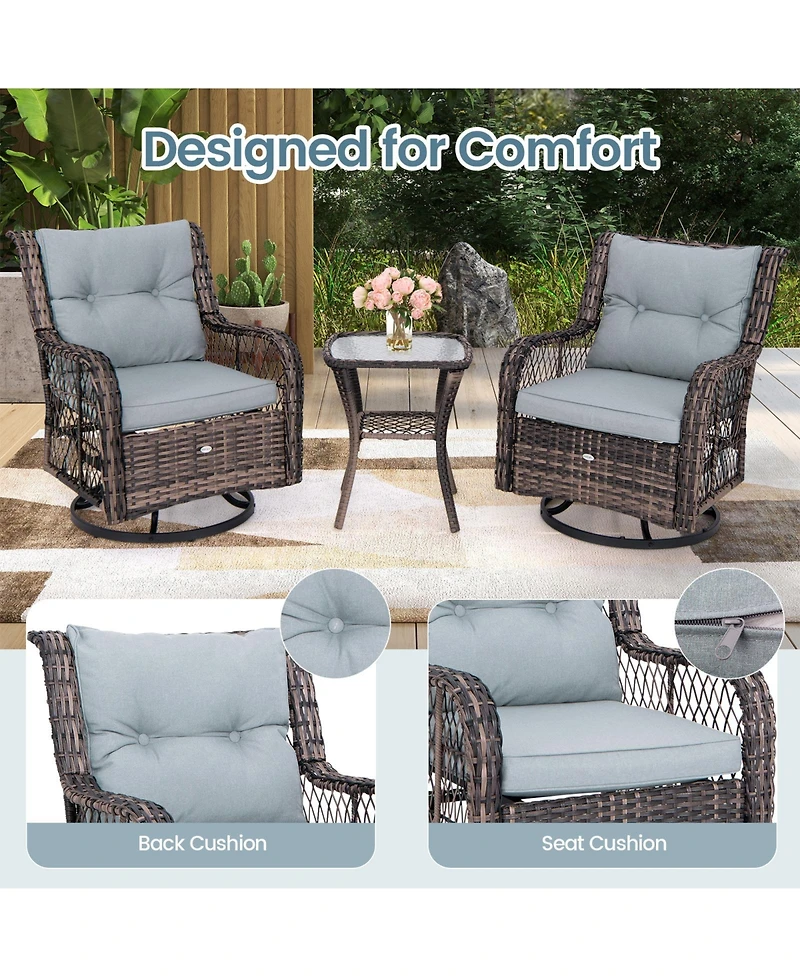 Slickblue 3 Pieces Outdoor Swivel Rocker Set with Small Side Table-Grey