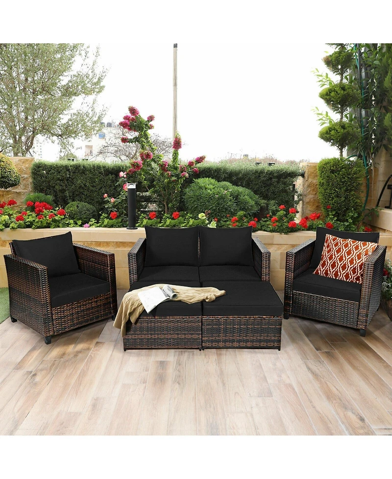 5 Pieces Patio Rattan Furniture Set Conversation Sets with Removable Cushions