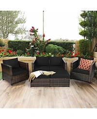 5 Pieces Patio Rattan Furniture Set Conversation Sets with Removable Cushions
