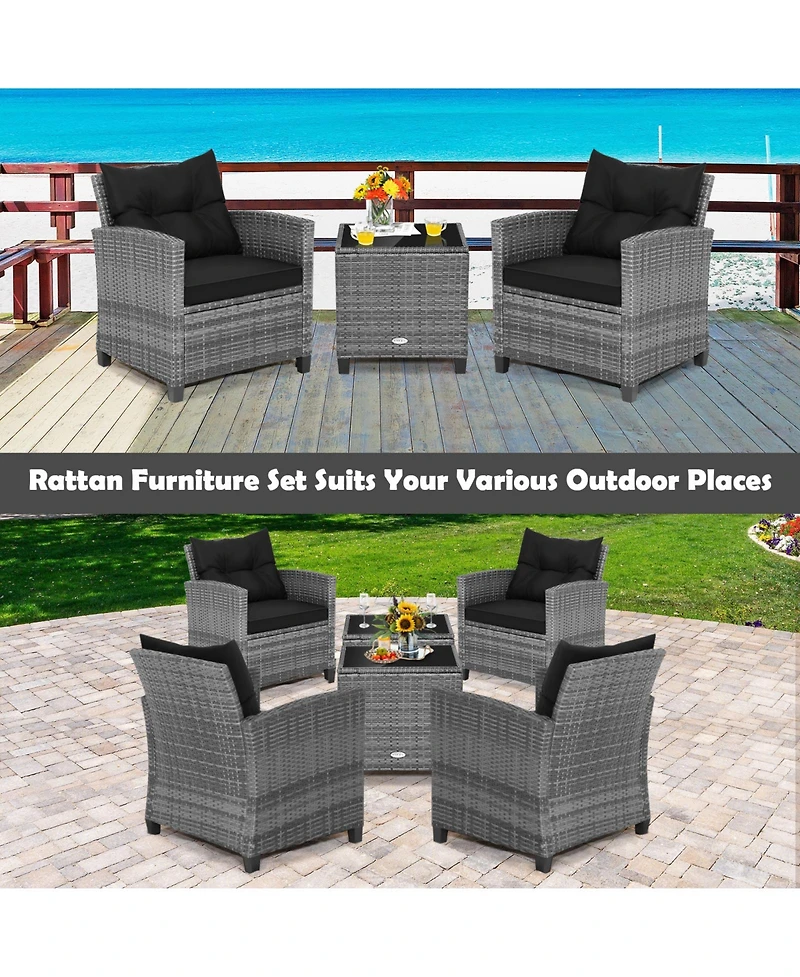 Slickblue 3 Pieces Outdoor Wicker Conversation Set with Tempered Glass Tabletop
