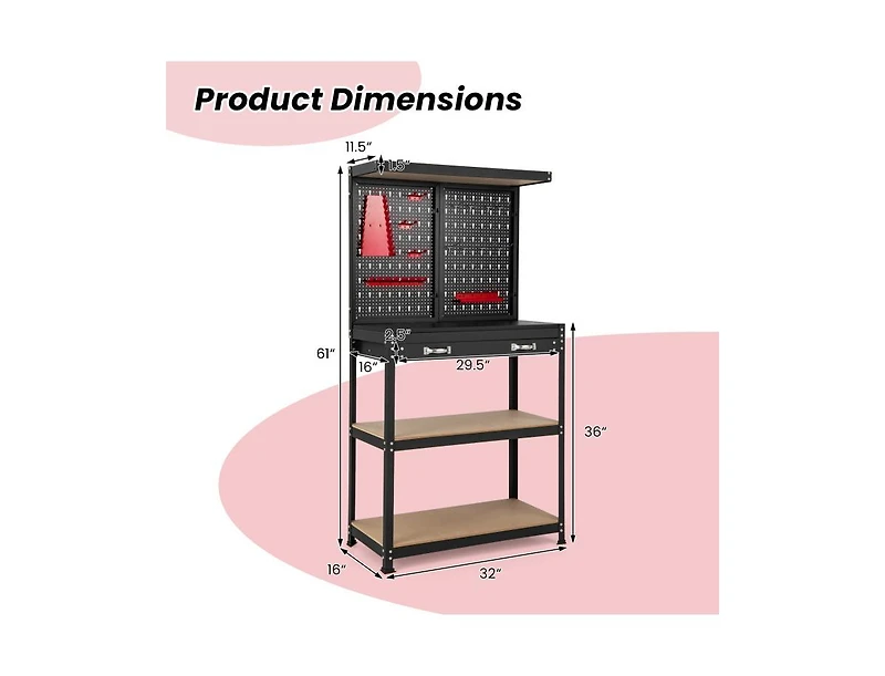 Tool Storage Workbench with Pegboard 14 Hanging Accessories for Garage