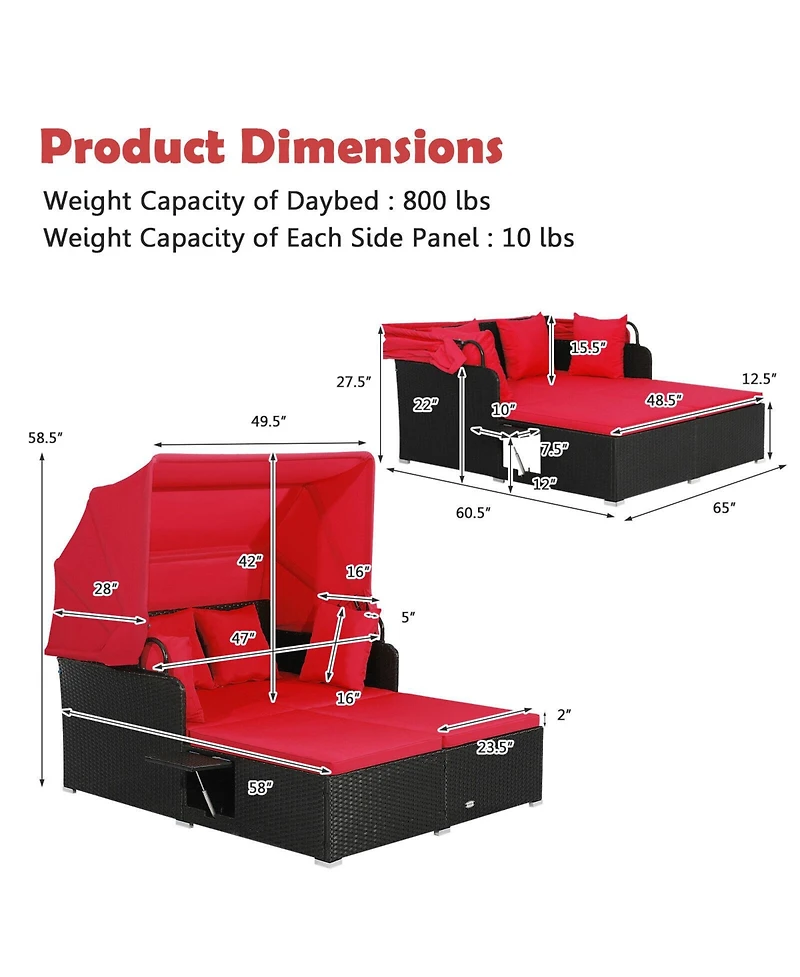 Slickblue Patio Rattan Daybed with Retractable Canopy and Side Tables-Red