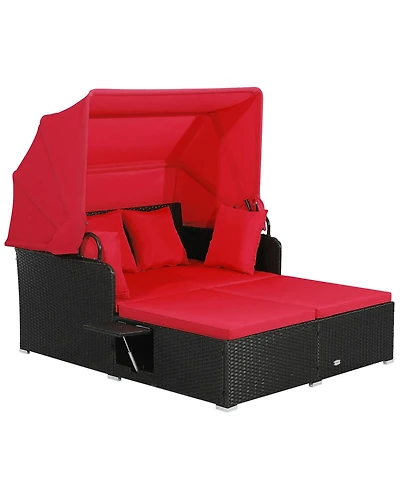 Slickblue Patio Rattan Daybed with Retractable Canopy and Side Tables-Red