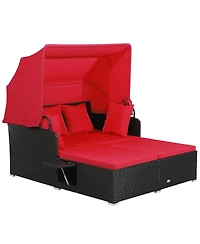 Slickblue Patio Rattan Daybed with Retractable Canopy and Side Tables-Red