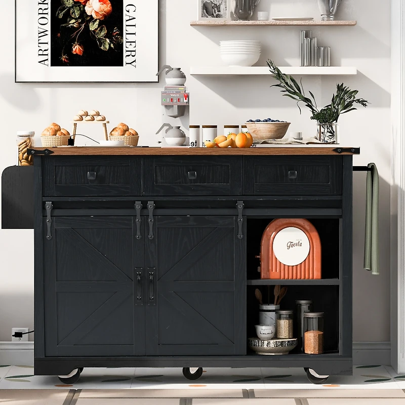 Big Black Wood Grain Farmhouse Kitchen Island with Power Outlet and Sliding Barn Doors