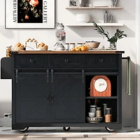 Big Black Wood Grain Farmhouse Kitchen Island with Power Outlet and Sliding Barn Doors