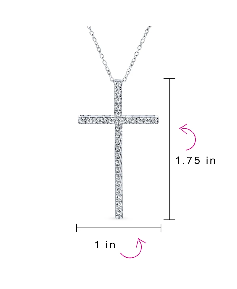 Bling Jewelry Cubic Zirconia Pave Cz Simple Long Cross Pendant Necklace Sterling Silver 1.75 In With Chain