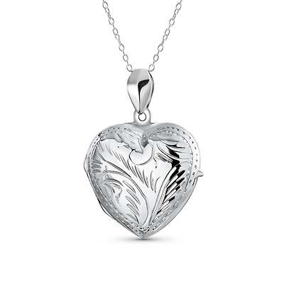 Bling Jewelry Simple Plain Keepsake Domed Puff carved Leaf Heart Shaped Photo Locket Holds Photos Pictures Silver Necklace Pendant Large
