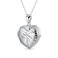 Bling Jewelry Simple Plain Keepsake Domed Puff carved Leaf Heart Shaped Photo Locket Holds Photos Pictures Silver Necklace Pendant Large