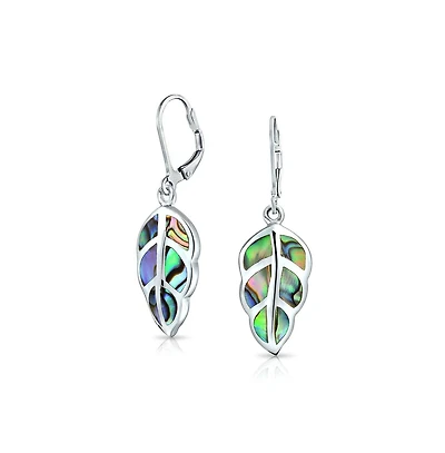 Bling Jewelry Native American Inspired Red Brown Blue Created Opal Inlay Lever back Nature Leaf Dangle Drop Earrings .925 Sterling Silver