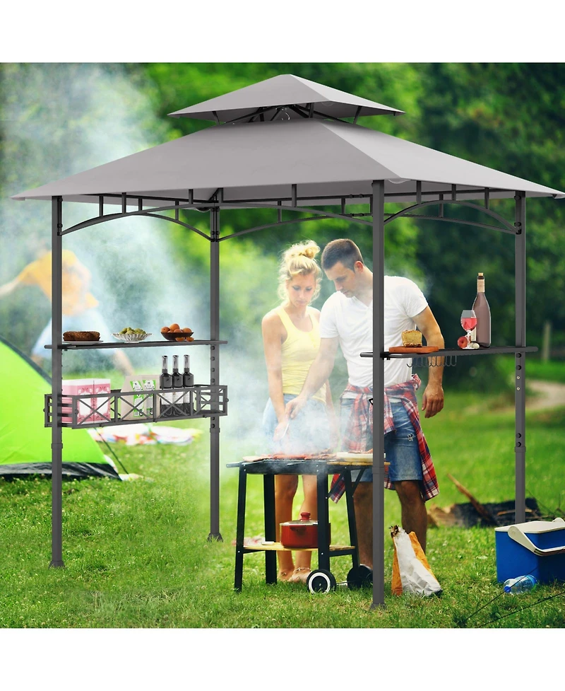 8 x 5 Ft Outdoor Grill Gazebo with 2 Side Shelves and 20 Hooks-Grey