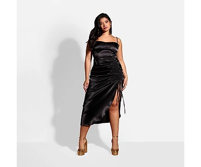 Rebdolls Women's Plus Size Mina Satin Adjustable Ruched Midi Bodycon Dress